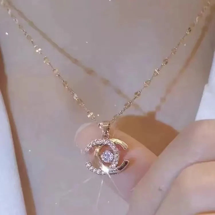 Gold-Plated Double-C Pendant Necklace with Crystal Center