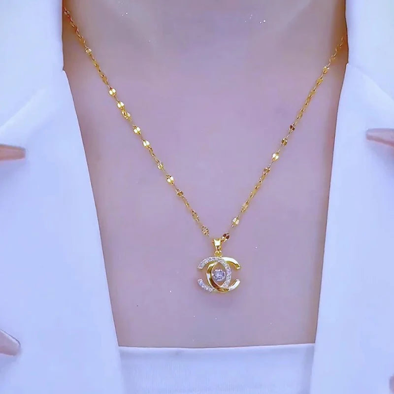 Gold-Plated Double-C Pendant Necklace with Crystal Center